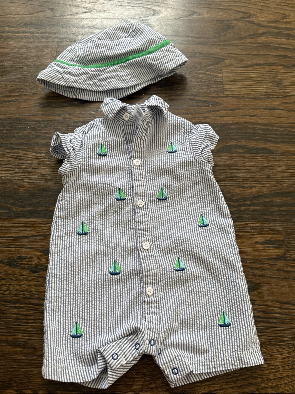 Little Me Blue and White Seersucker Sailboat Romper with Hat 9mths